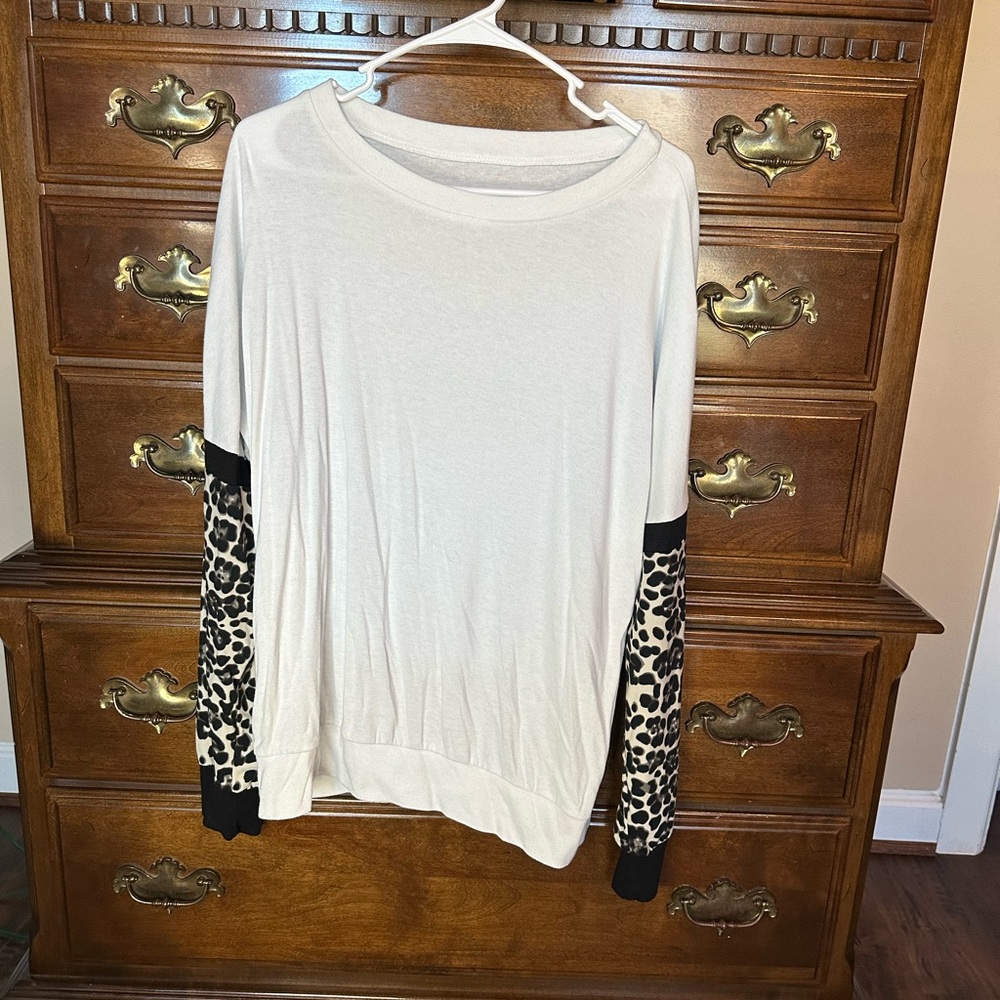Leopard Sleeve Women's Top - Cream and Black